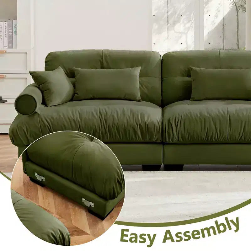 Divano Moderno Extra Large a 3 Posti in Velluto con Cuscini Lombari e Cuscini Decorativi, Verde Oliva