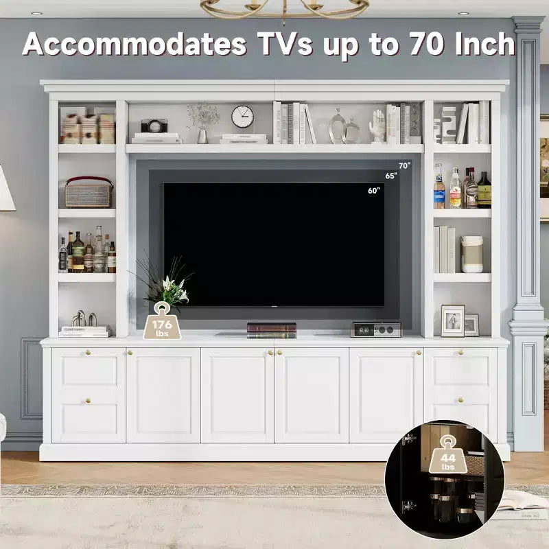 Mobile TV all-in-one per televisori fino a 70", con 3 ripiani regolabili e armadietto contenitore