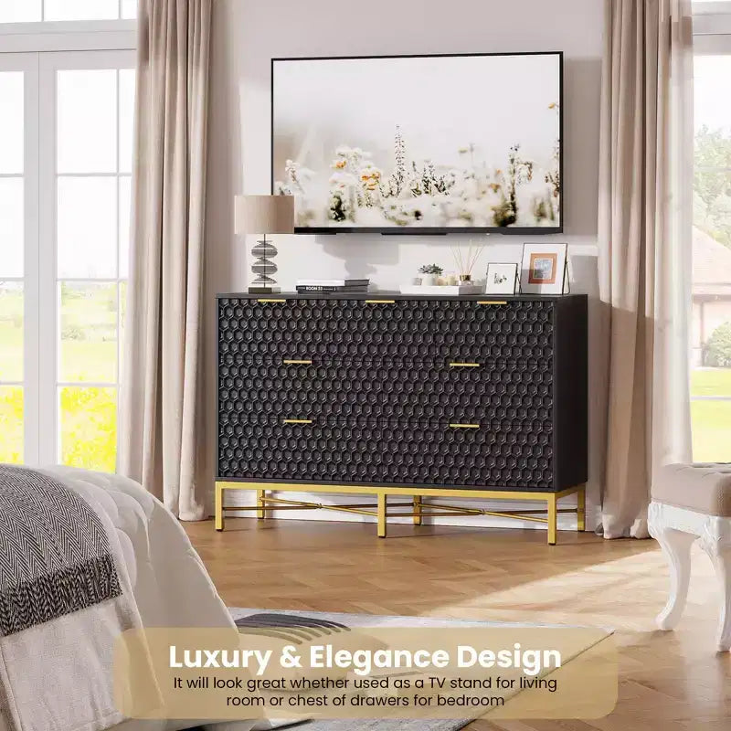 Comò moderno a 7 cassetti, comodino con ripiano ampio per camera da letto, nero