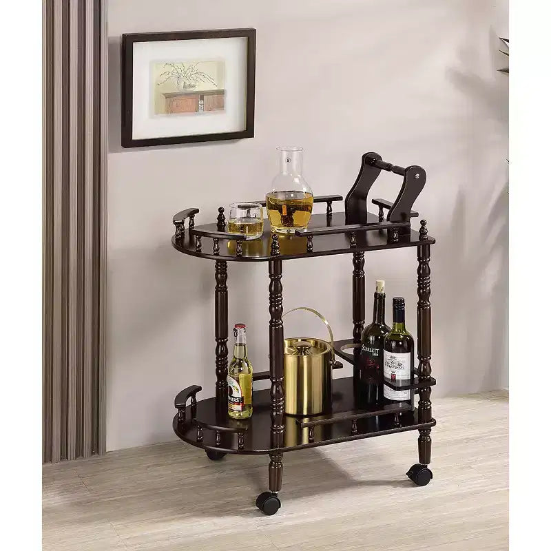 Carrello da portata per vino a 2 ripiani da 29", finitura ciliegio, ripiani in legno su ruote con portabottiglie da 3 posti