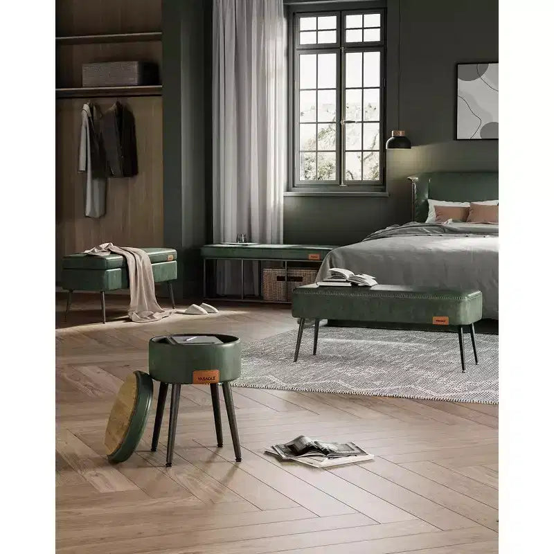 Panca da ingresso/camera da letto con cuciture in pelle sintetica e gambe in acciaio, panca pouf