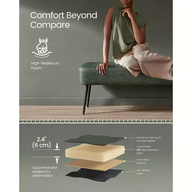 Panca da ingresso/camera da letto con cuciture in pelle sintetica e gambe in acciaio, panca pouf