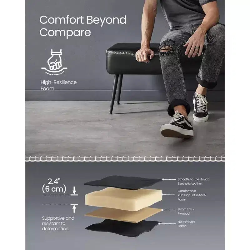 Panca da ingresso/camera da letto con cuciture in pelle sintetica e gambe in acciaio, panca pouf