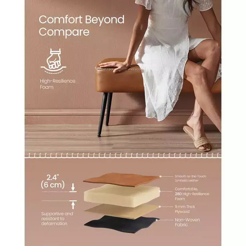 Panca da ingresso/camera da letto con cuciture in pelle sintetica e gambe in acciaio, panca pouf