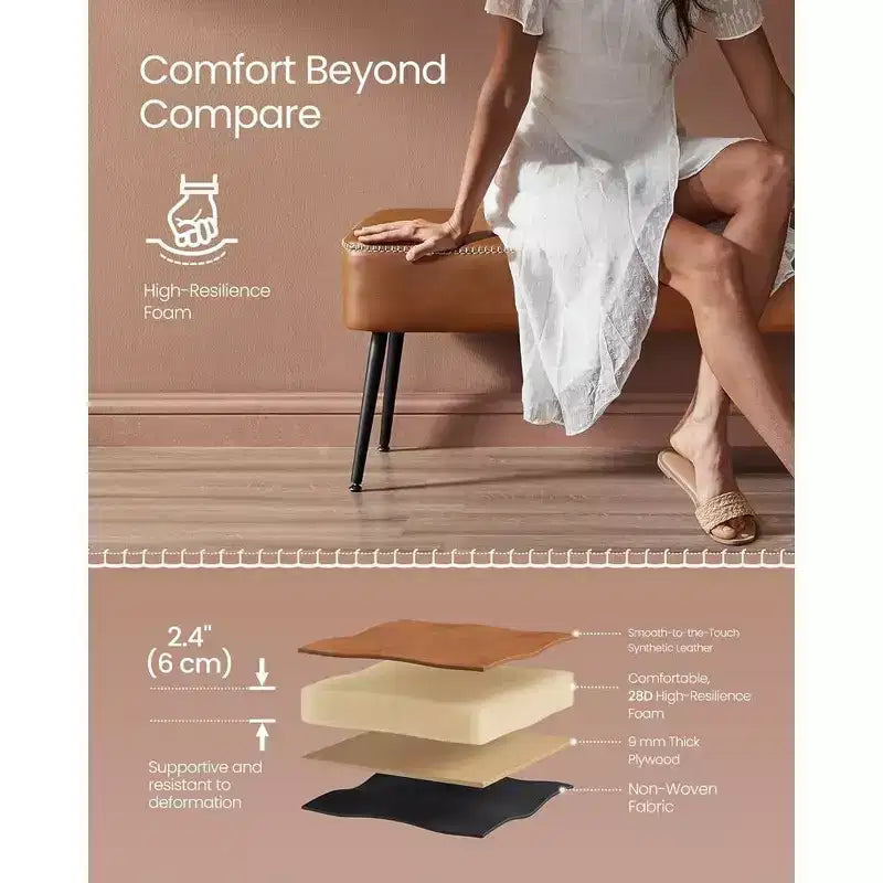 Panca da ingresso/camera da letto con cuciture in pelle sintetica e gambe in acciaio, panca pouf