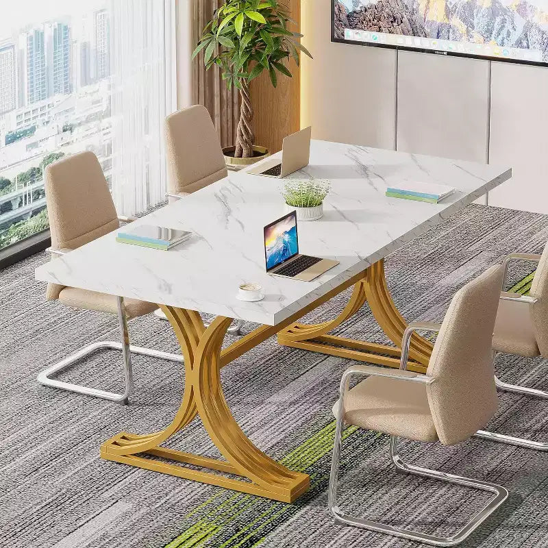 Tavolo da conferenza da 1,5 m per 4-6 persone, tavolo da riunione moderno con piano in finto marmo per l'home office
