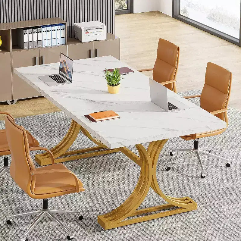 Tavolo da conferenza da 1,5 m per 4-6 persone, tavolo da riunione moderno con piano in finto marmo per l'home office