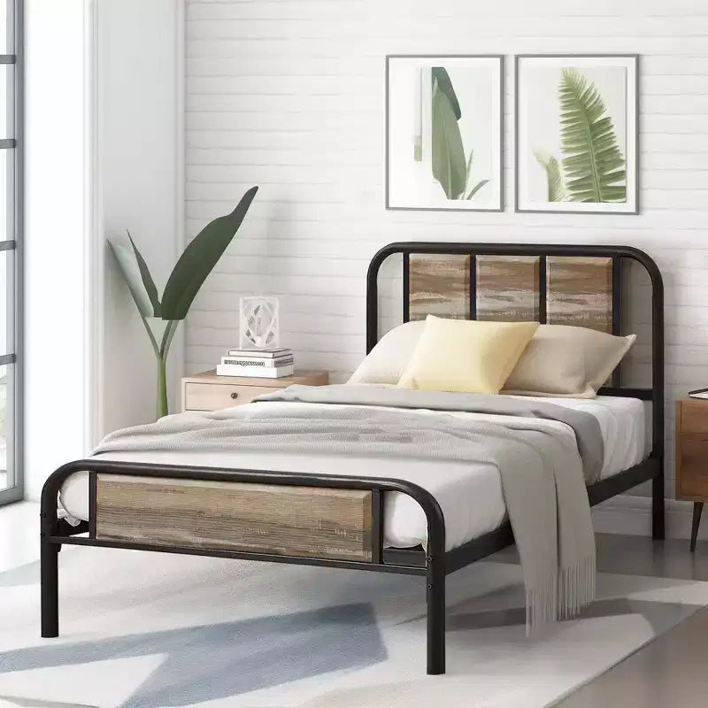 Struttura letto con testiera in legno industriale, piattaforma, capacità 300 kg