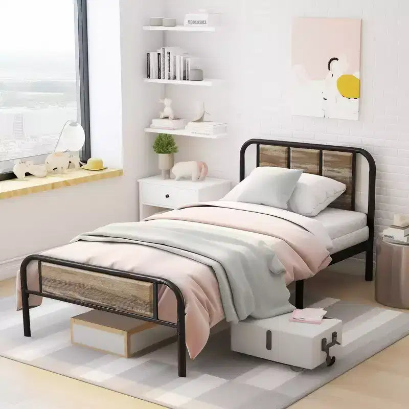 Struttura letto con testiera in legno industriale, piattaforma, capacità 300 kg