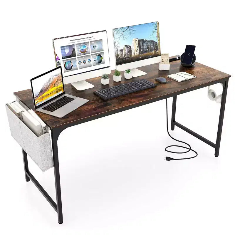 Costway 60 Modern Computer Desk with Charging Station with Storage Bag & Headphone Hook Borwn