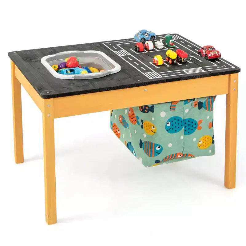 Tavolo Attività 3-in-1 per Bambini con Contenitore d'Acqua Pieghevole e Borsa Portaoggetti, in Legno di Abete Naturale
