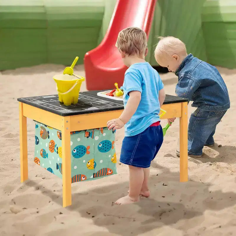 Tavolo Attività 3-in-1 per Bambini con Contenitore d'Acqua Pieghevole e Borsa Portaoggetti, in Legno di Abete Naturale