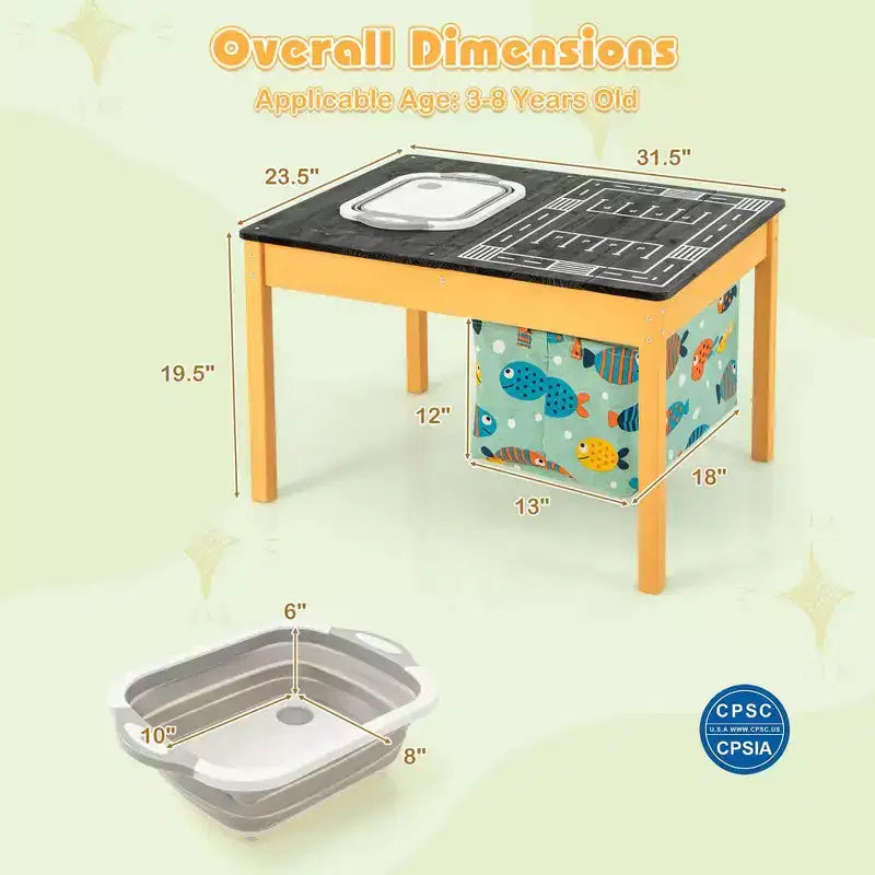 Tavolo Attività 3-in-1 per Bambini con Contenitore d'Acqua Pieghevole e Borsa Portaoggetti, in Legno di Abete Naturale