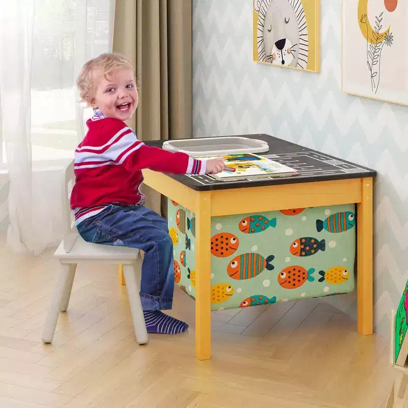 Tavolo Attività 3-in-1 per Bambini con Contenitore d'Acqua Pieghevole e Borsa Portaoggetti, in Legno di Abete Naturale