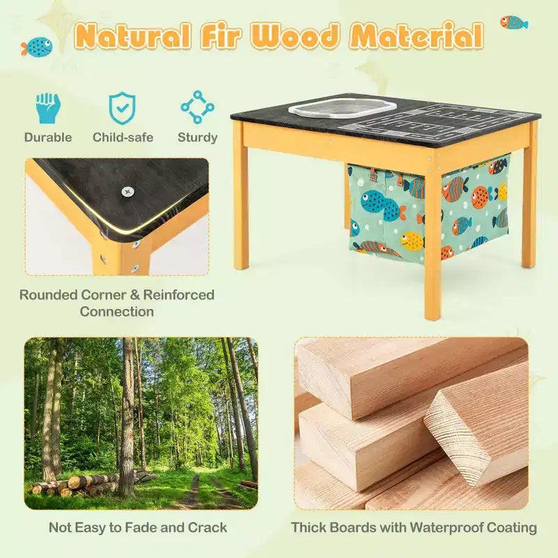 Tavolo Attività 3-in-1 per Bambini con Contenitore d'Acqua Pieghevole e Borsa Portaoggetti, in Legno di Abete Naturale