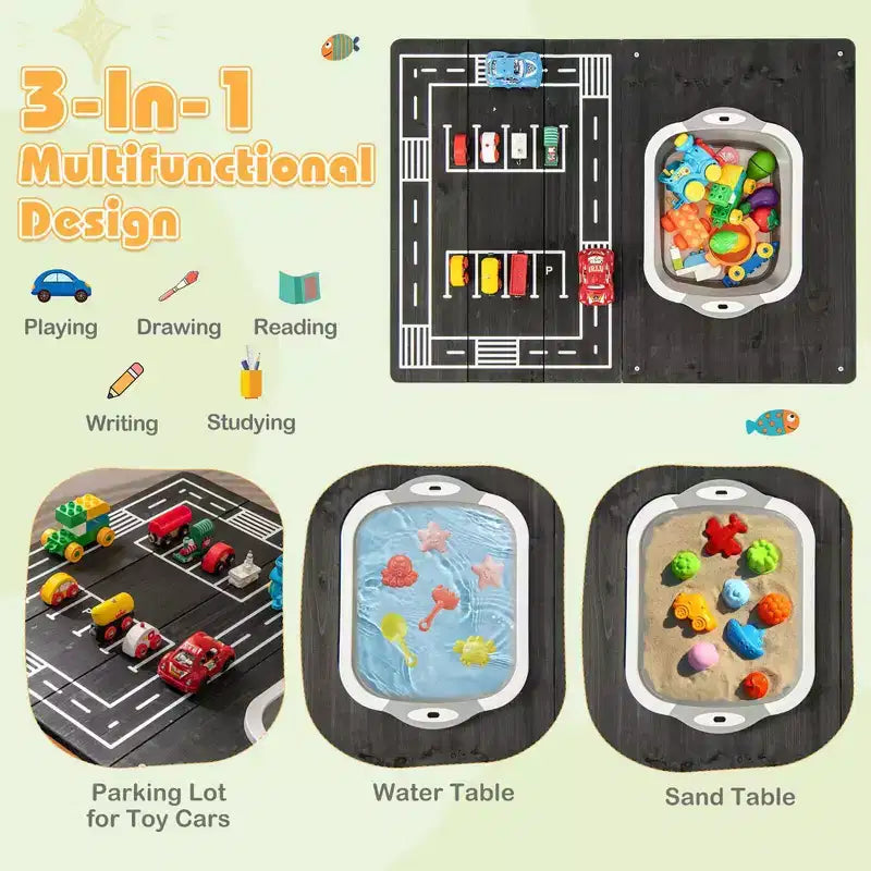 Tavolo Attività 3-in-1 per Bambini con Contenitore d'Acqua Pieghevole e Borsa Portaoggetti, in Legno di Abete Naturale