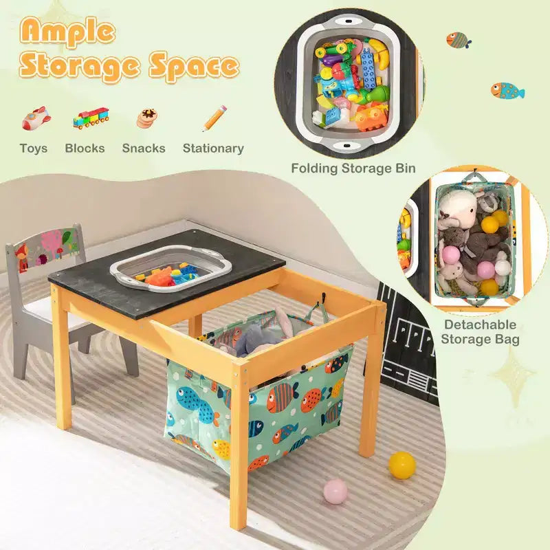 Tavolo Attività 3-in-1 per Bambini con Contenitore d'Acqua Pieghevole e Borsa Portaoggetti, in Legno di Abete Naturale