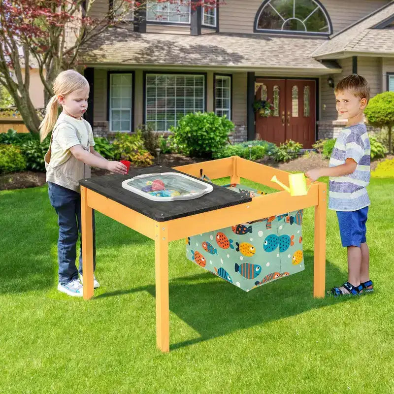 Tavolo Attività 3-in-1 per Bambini con Contenitore d'Acqua Pieghevole e Borsa Portaoggetti, in Legno di Abete Naturale