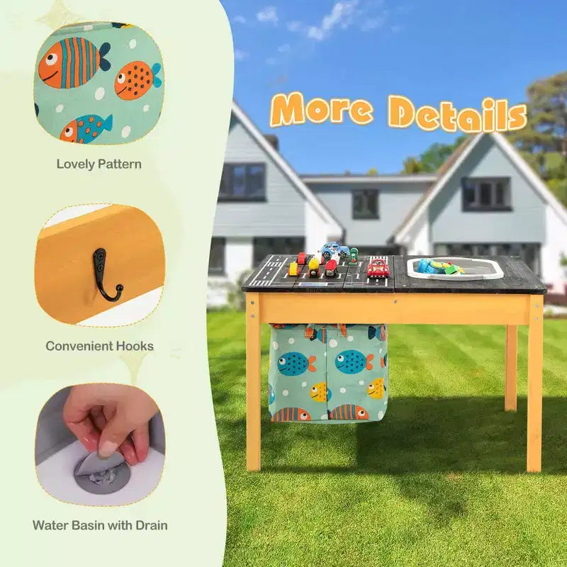 Tavolo Attività 3-in-1 per Bambini con Contenitore d'Acqua Pieghevole e Borsa Portaoggetti, in Legno di Abete Naturale